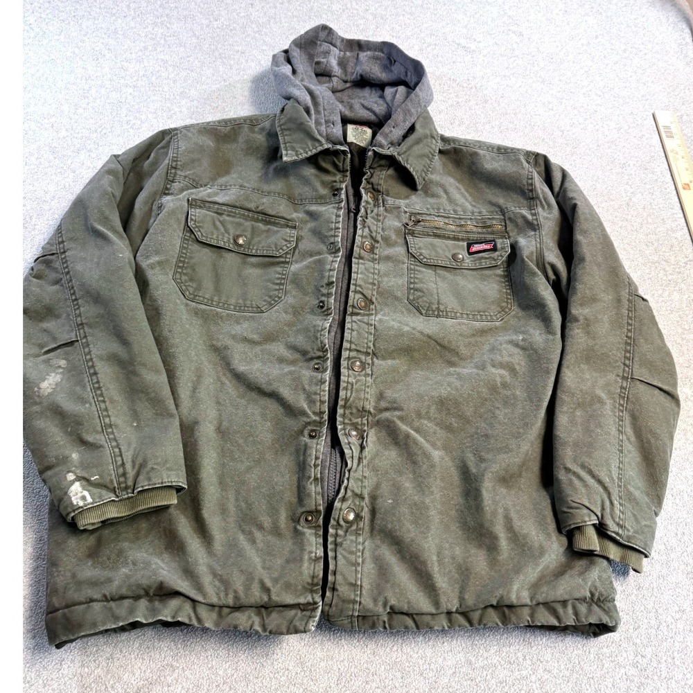 Dickies Hooded Work Jacket Mens Large Distressed Faded Olive Chore Coat Grunge